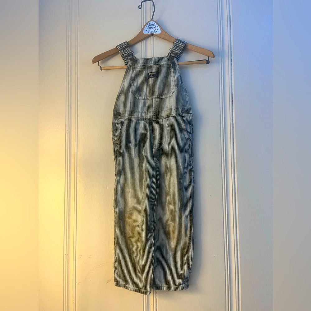OshKosh B'Gosh Boy Girl SZ 5T vestbac Overall Vintage Blue Engineer Stripe Denim